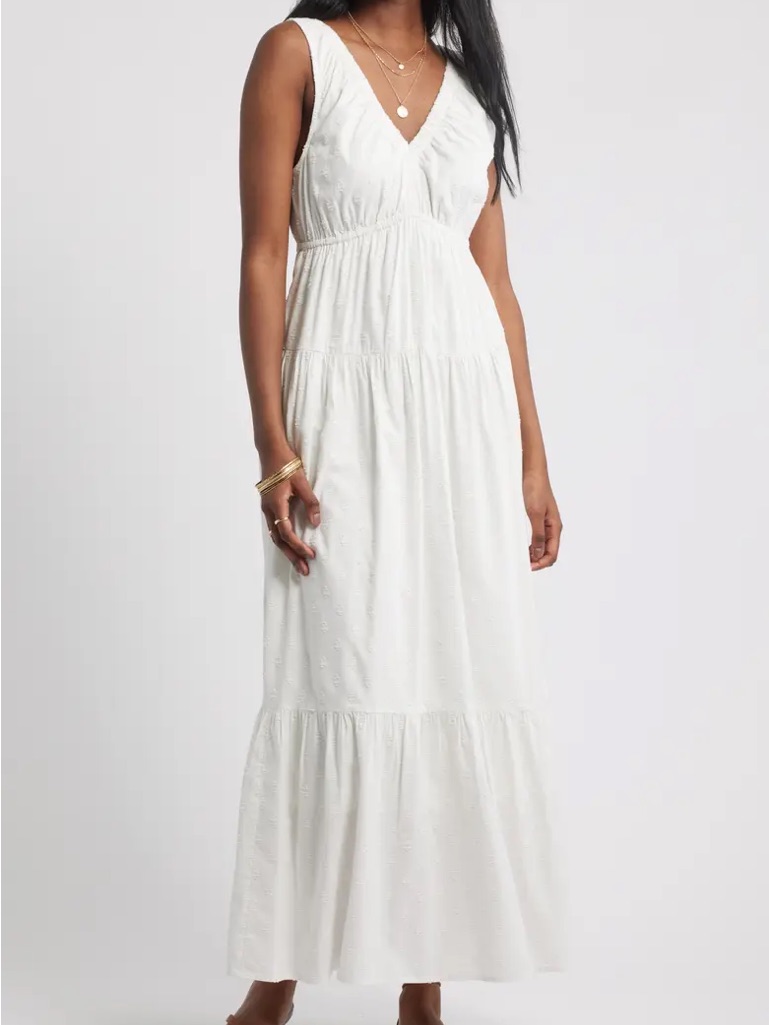 Treasure & Bond Sleeveless White V-Neck Tiered Jacquard Sundress-Small